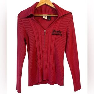Harley Davidson Sweater Womans L Red knit ribbed cowl turtleneck half zip